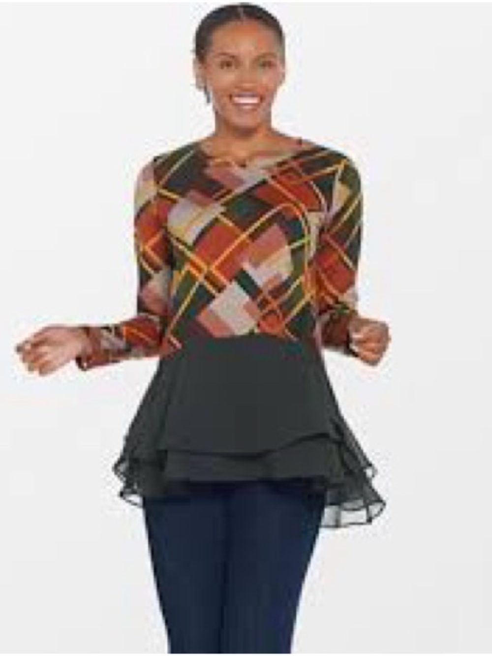 LOGO by Lori Goldstein Olive Multi Geometric Layered-Hem Long Sleeve Top